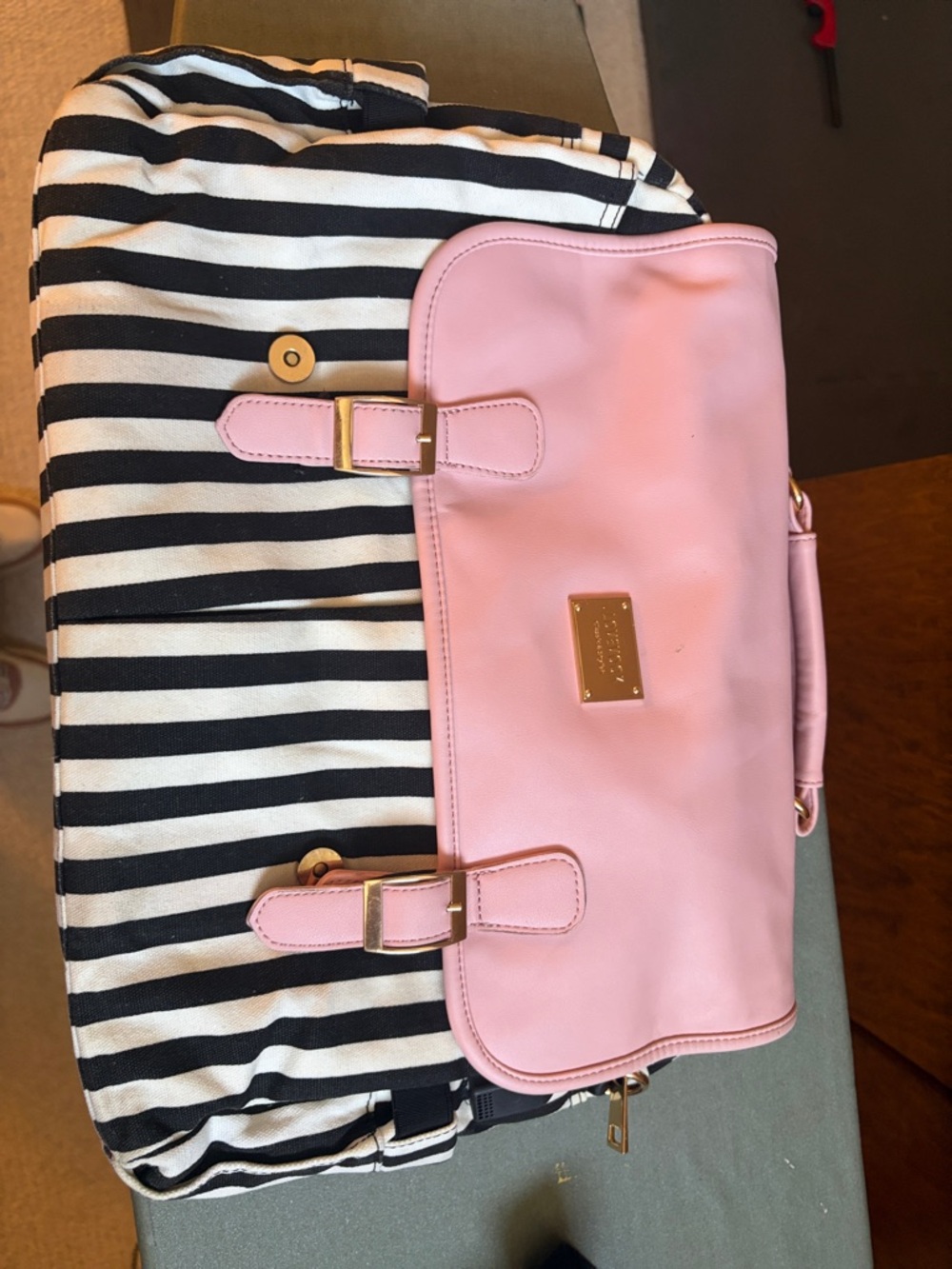Lovevook Pink and Black Striped Tote with Gold Hardware